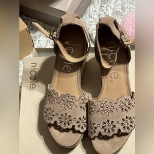 Nicole Taupe Floral Cutout Ankle-Strap Sandals